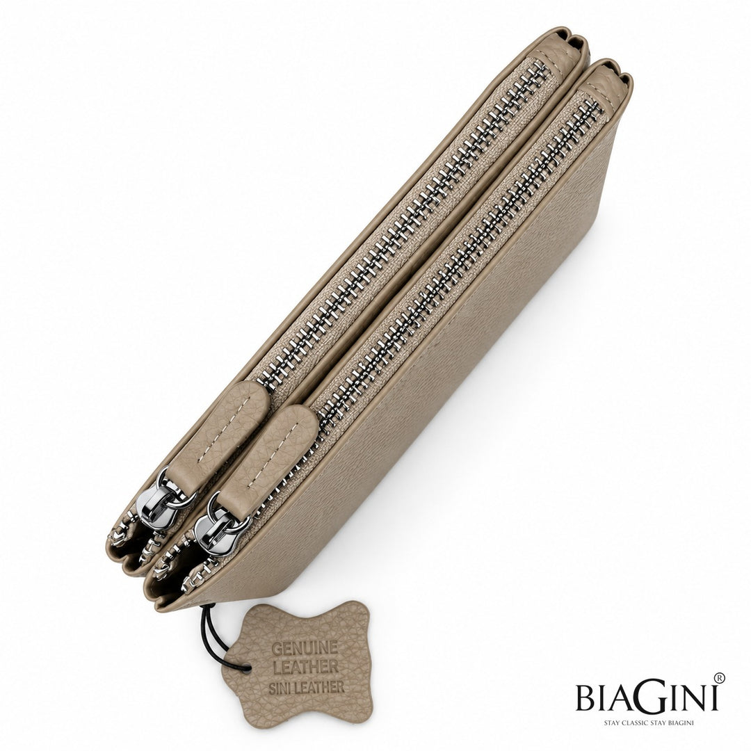 ארנק עור BIAGINI מעצבת בינוני בז' נאפה - שני תאים עצמאיים עם רוכסן