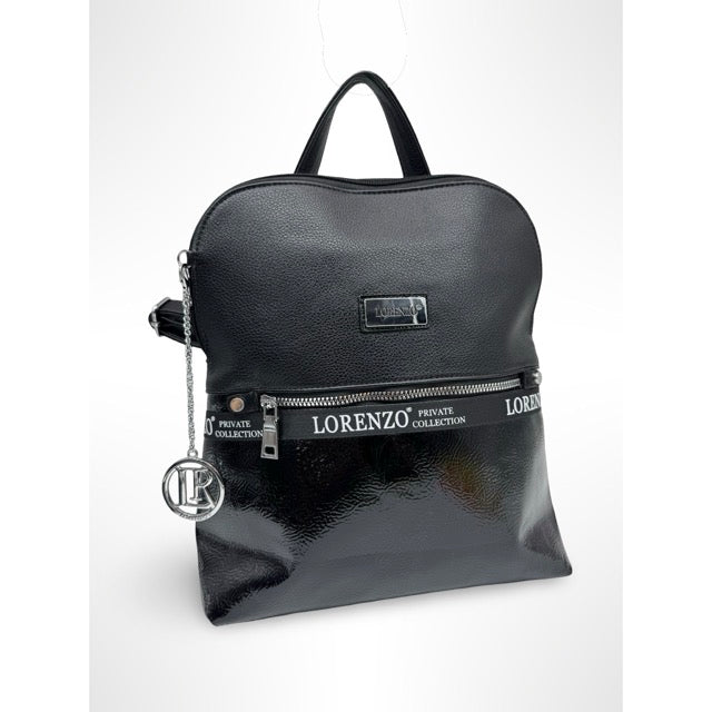תיק גב זיפר שחור מבריק  LORENZO
