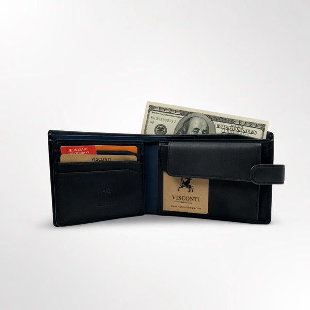 🖤 ארנק עור איטלקי לגבר עם סגירת לשונית – אלגנטיות חכמה  VISCONTI כפול שחור