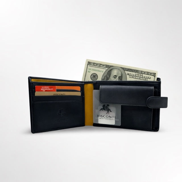 🖤 ארנק עור איטלקי לגבר עם סגירת לשונית – אלגנטיות חכמה  VISCONTI כחול נייבי