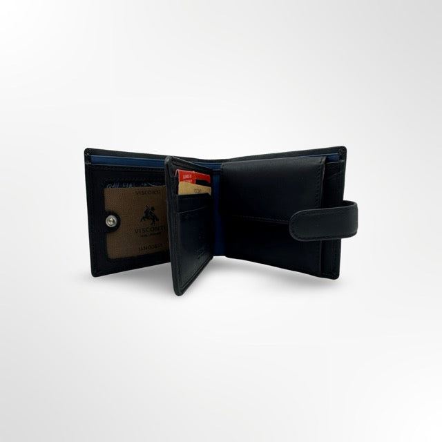 🖤 ארנק עור איטלקי לגבר עם סגירת לשונית – אלגנטיות חכמה  VISCONTI כפול שחור