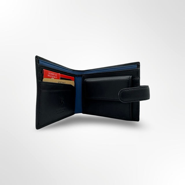 🖤 ארנק עור איטלקי לגבר עם סגירת לשונית – אלגנטיות חכמה  VISCONTI כפול שחור