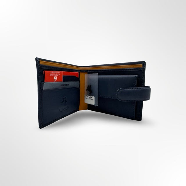 🖤 ארנק עור איטלקי לגבר עם סגירת לשונית – אלגנטיות חכמה  VISCONTI כחול נייבי