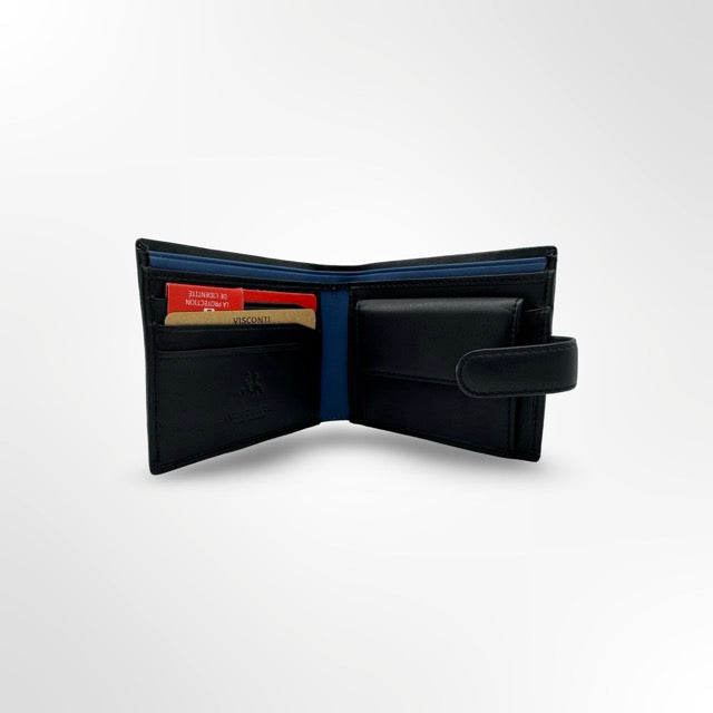 🖤 ארנק עור איטלקי לגבר עם סגירת לשונית – אלגנטיות חכמה  VISCONTI כפול שחור